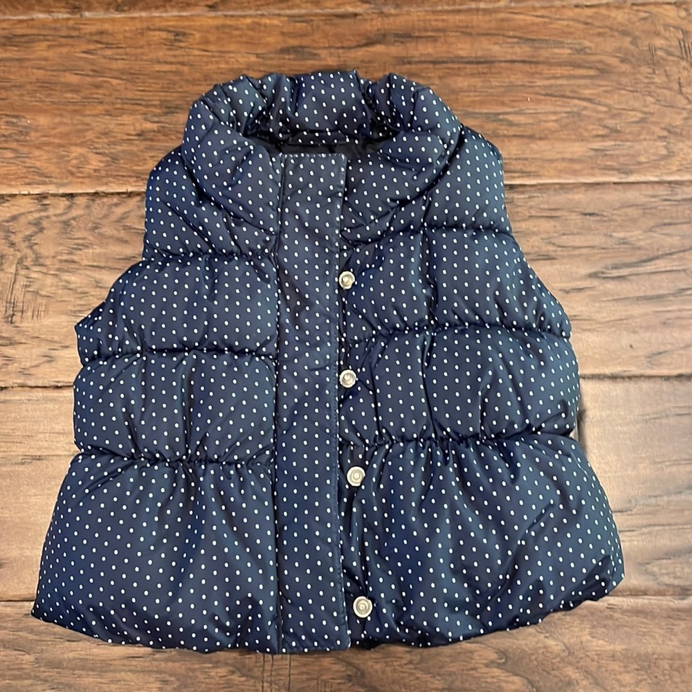 GAP navy with white polka dot puffer vest